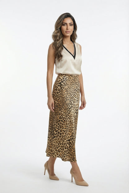 LS2608010  Leopard Print Satin Skirt تنورة ساتان بطبعة الفهد