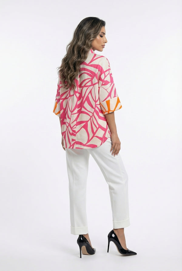 LS2615098 Distinctive Pink Leaf Print Shirt قميص مميز بطبعة أوراق الشجر الوردية