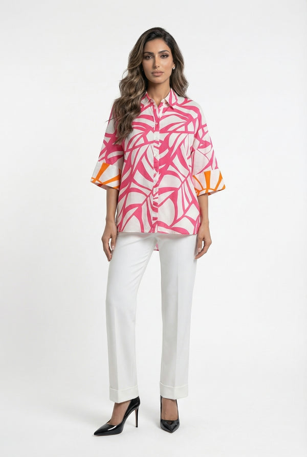 LS2615098 Distinctive Pink Leaf Print Shirt قميص مميز بطبعة أوراق الشجر الوردية