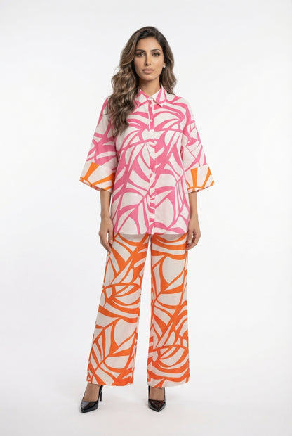 LS2615098 Distinctive Pink Leaf Print Shirt - Brown Loft