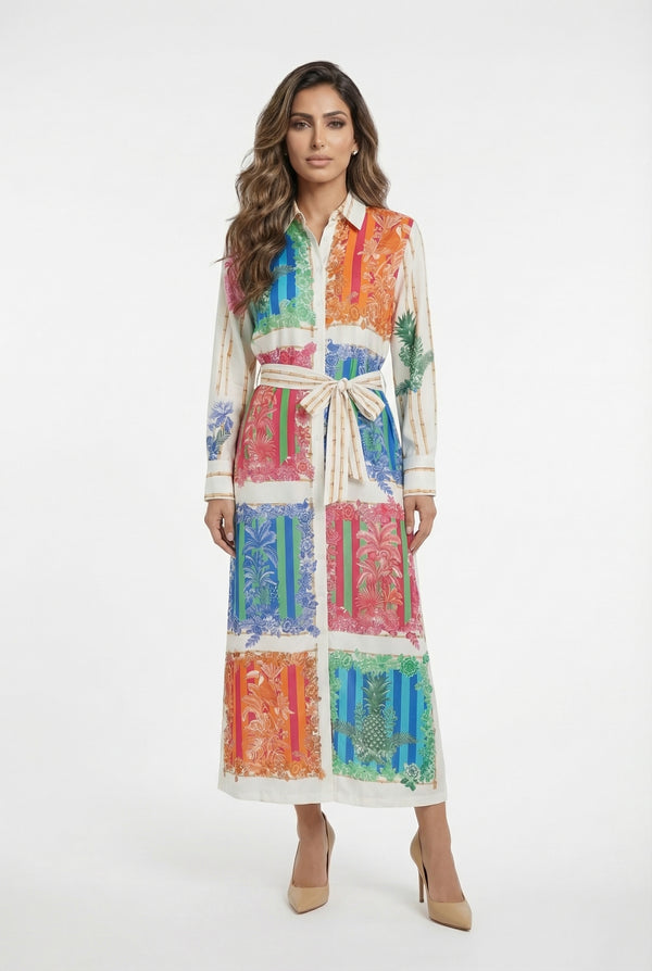 33656 Patchwork Print Long Dress فستان طويل مطبوع بنقشة مرقعة