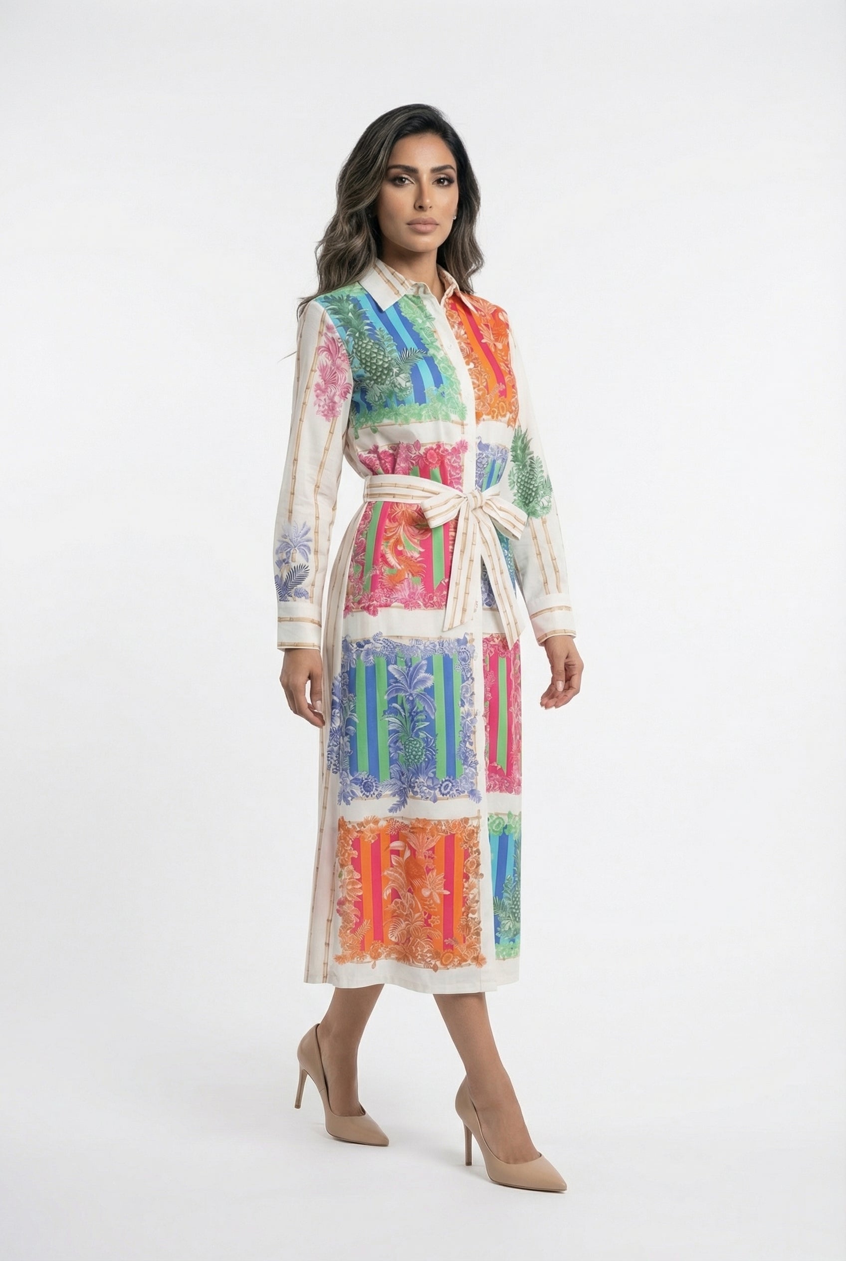 33656 Patchwork Print Long Dress فستان طويل مطبوع بنقشة مرقعة - Brown Loft