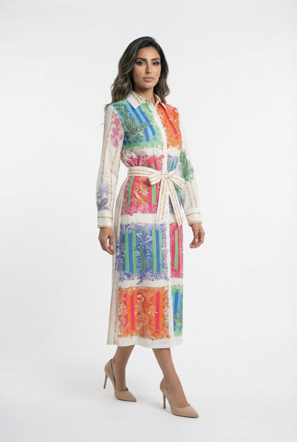 33656 Patchwork Print Long Dress فستان طويل مطبوع بنقشة مرقعة - Brown Loft