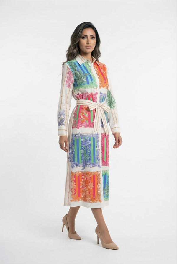 33656 Patchwork Print Long Dress فستان طويل مطبوع بنقشة مرقعة