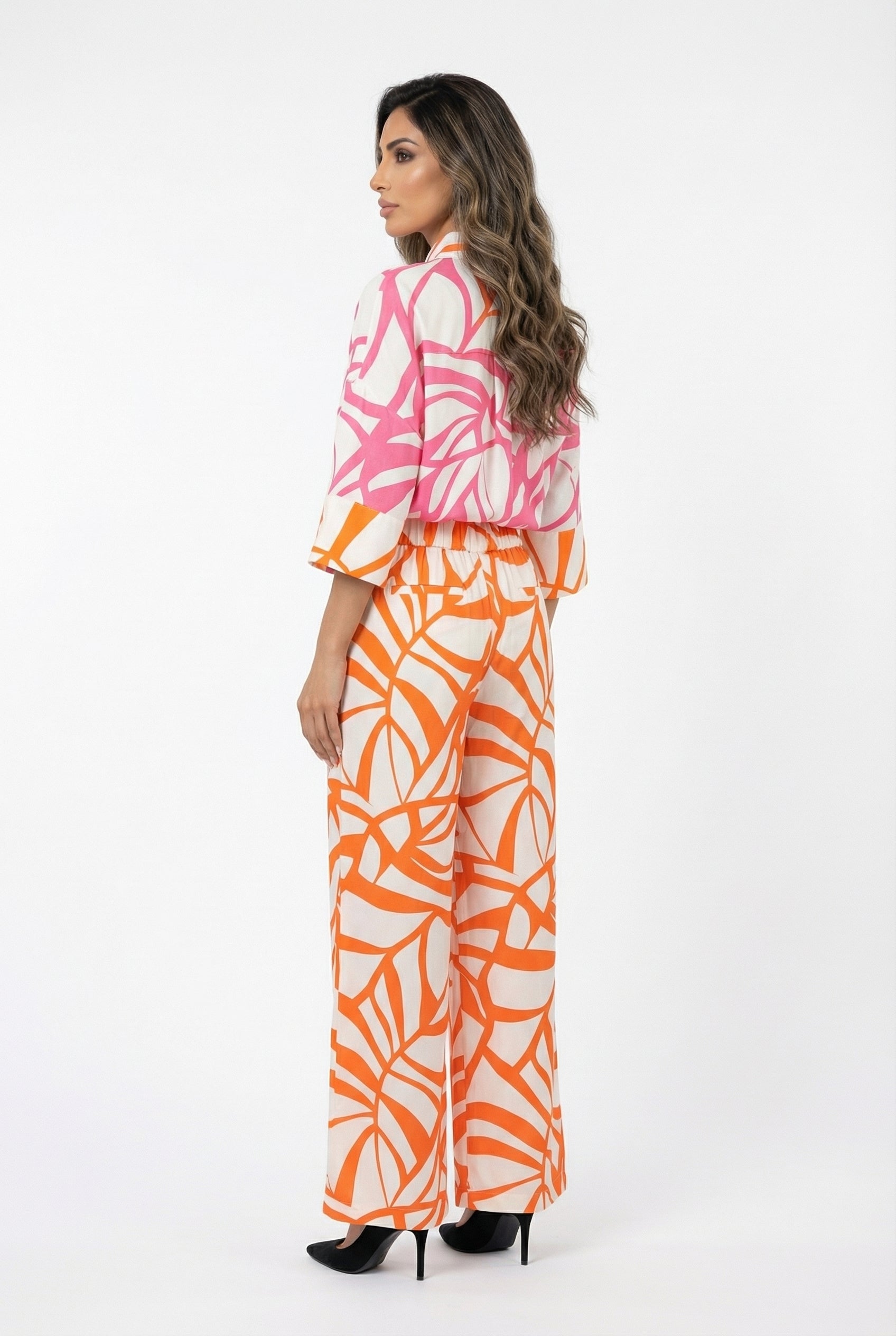 LS2614040 Abstract Leaf Print Wide Leg Pants - Brown Loft