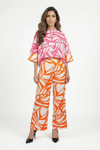 LS2615098 Distinctive Pink Leaf Print Shirt - Brown Loft