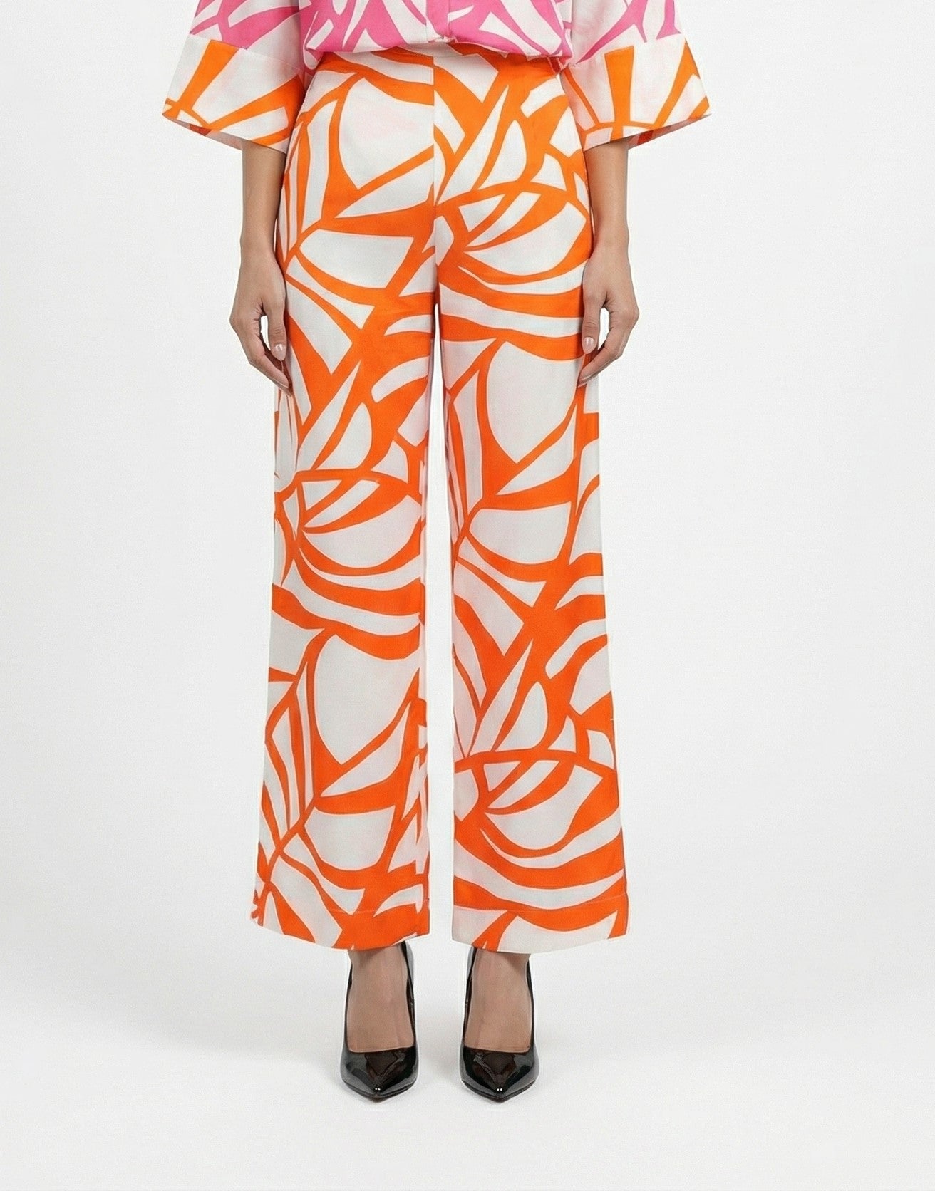 LS2614040 Abstract Leaf Print Wide Leg Pants - Brown Loft