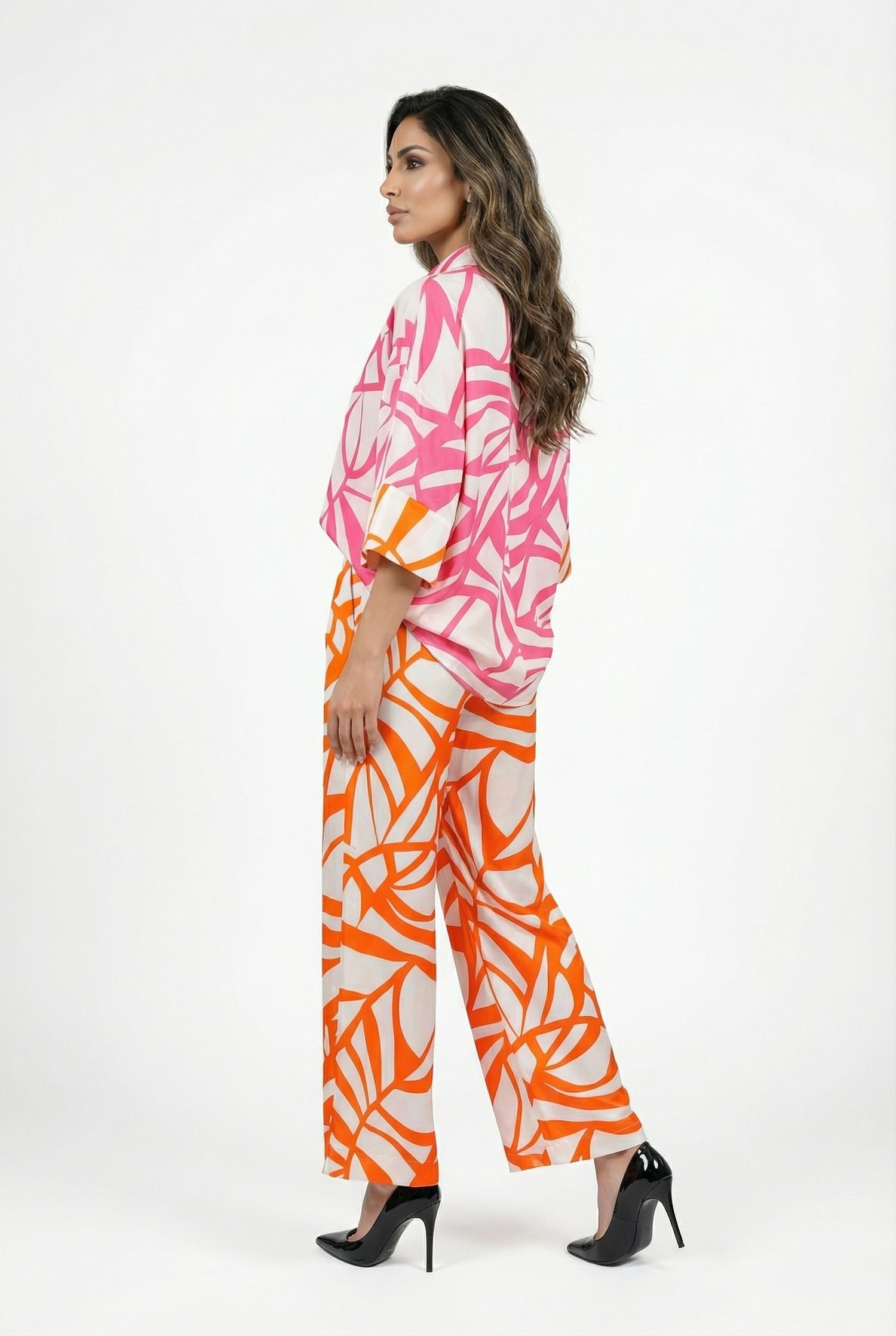LS2614040 Abstract Leaf Print Wide Leg Pants - Brown Loft