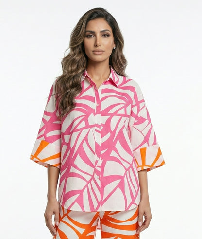 LS2615098 Distinctive Pink Leaf Print Shirt - Brown Loft