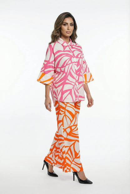 LS2615098 Distinctive Pink Leaf Print Shirt - Brown Loft