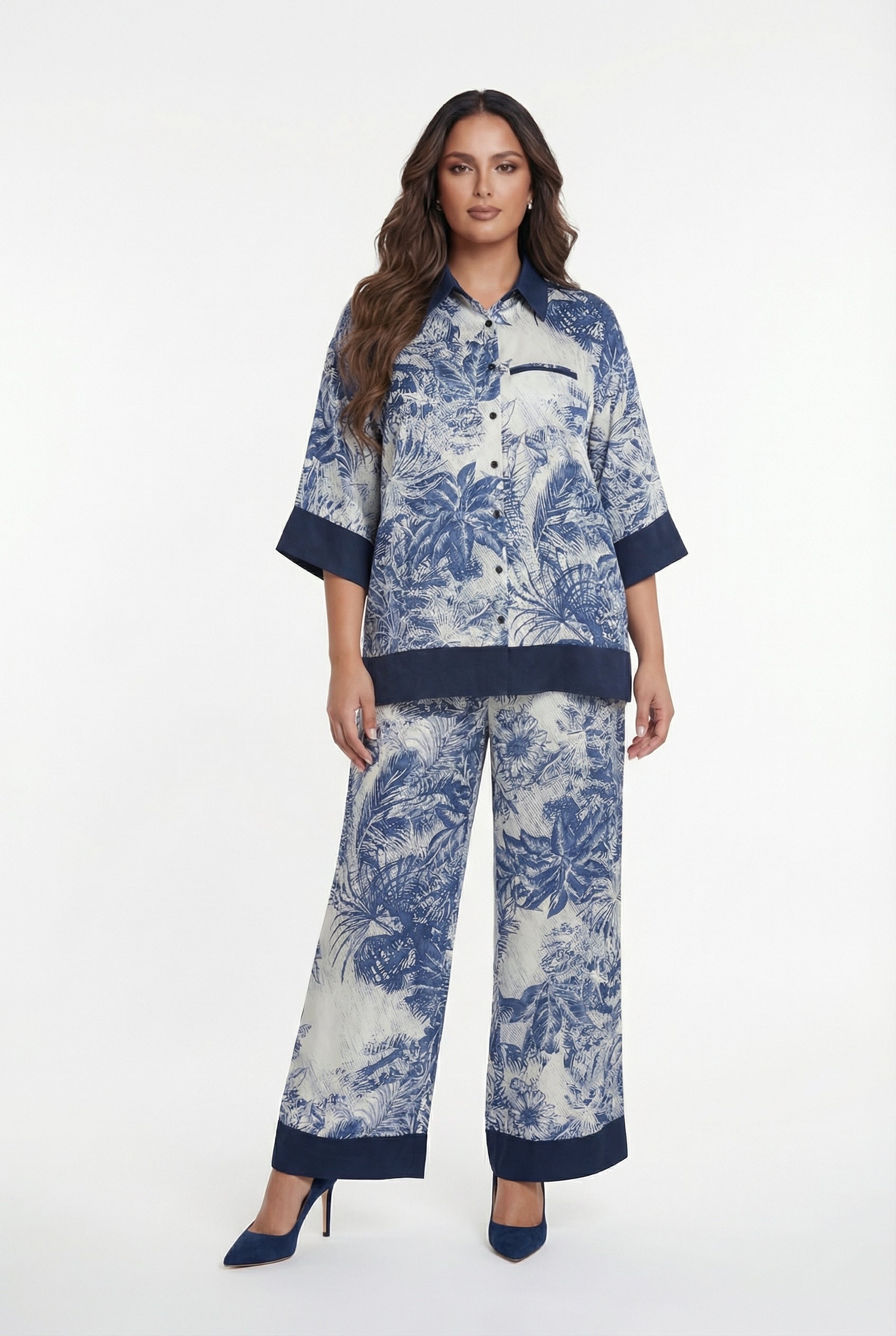 8501.3049/2072 Tropical Print Shirt and Pants Set طقم قميص وبنطال بطبعة استوائية - Brown Loft