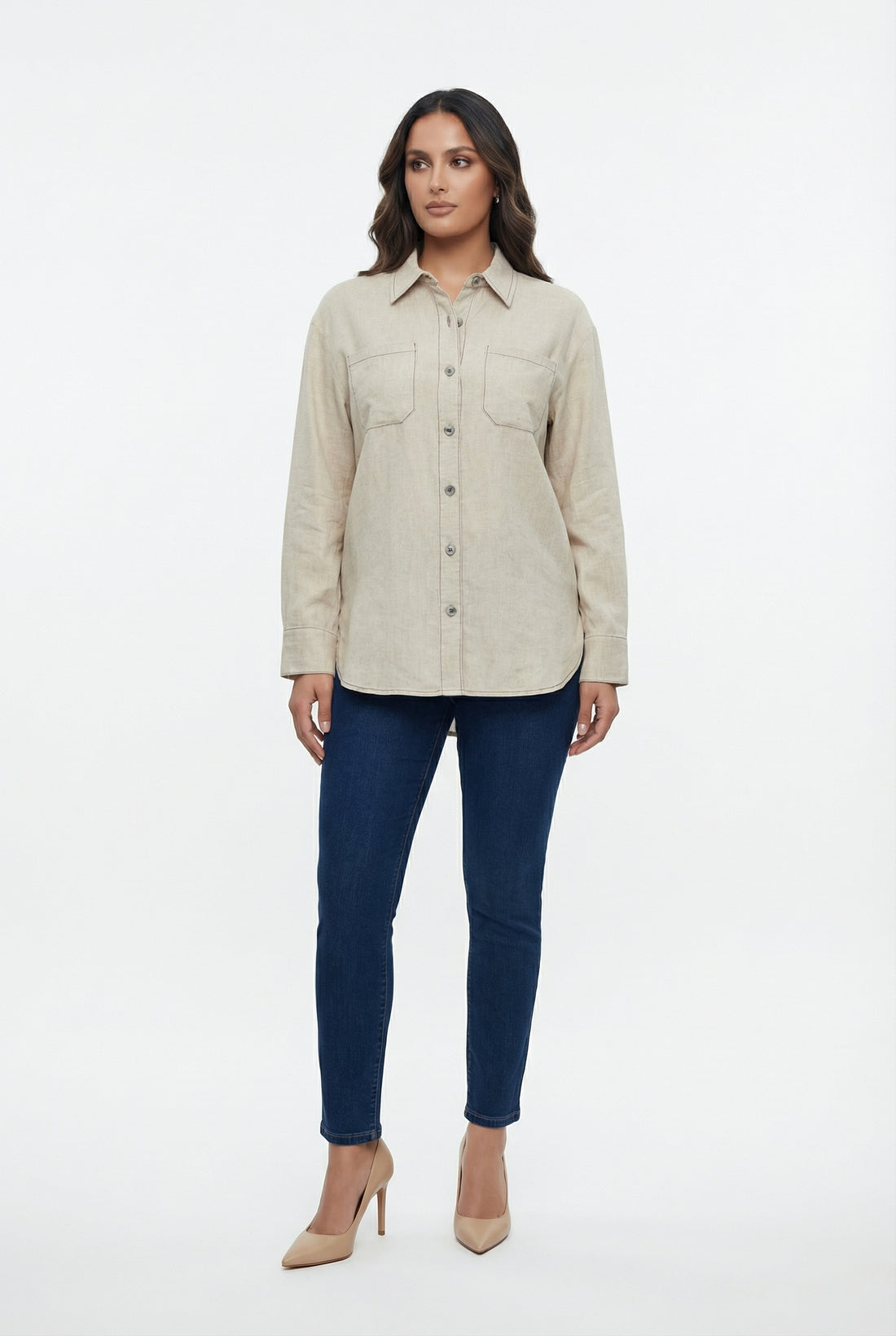8501.3053  Oversized Long Back Linen Shirt قميص كتان واسع بظهر طويل - Brown Loft