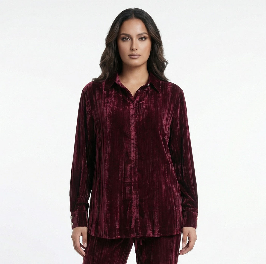 8401.3005 Collared Crushed Velvet Oversized Shirt - Brown Loft