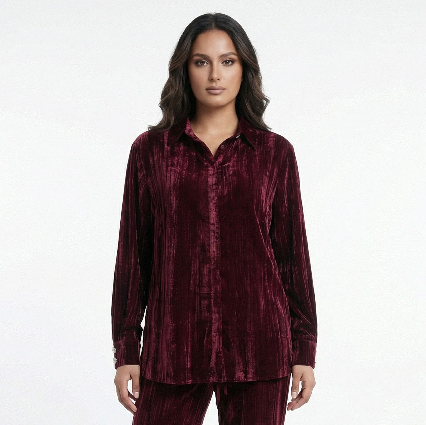 8401.3005 Collared Crushed Velvet Oversized Shirt - Brown Loft