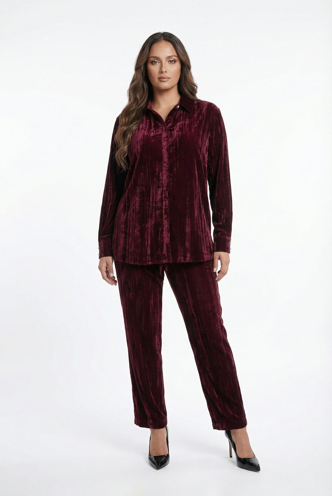 8401.3005 Collared Crushed Velvet Oversized Shirt - Brown Loft