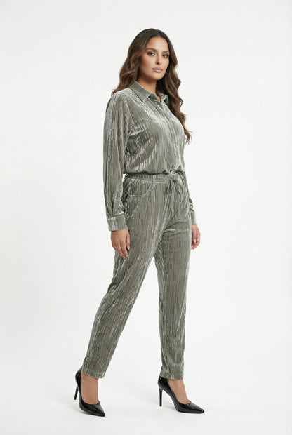 8401.3005 Collared Crushed Velvet Oversized Shirt - Brown Loft
