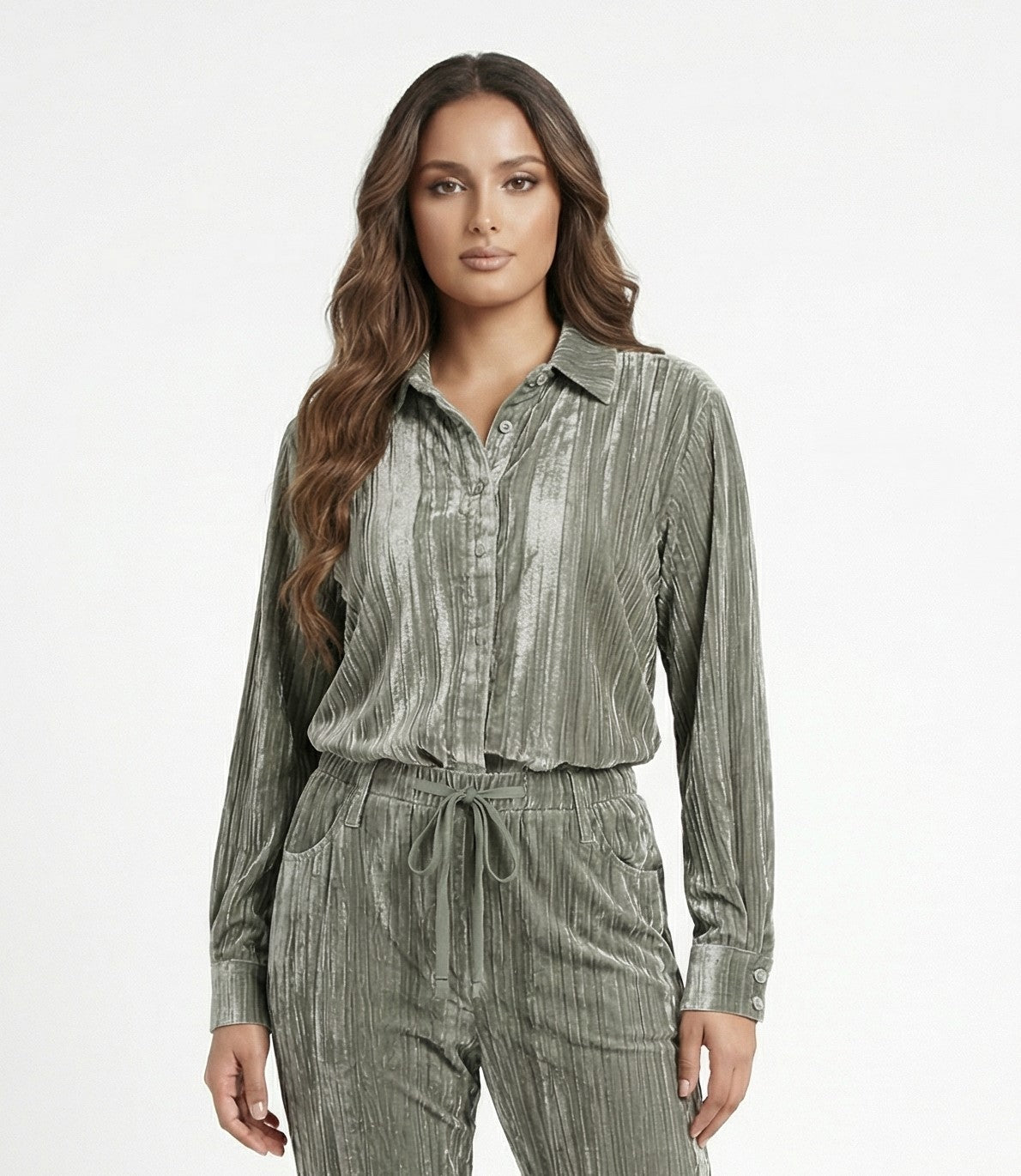 8401.3005 Collared Crushed Velvet Oversized Shirt - Brown Loft