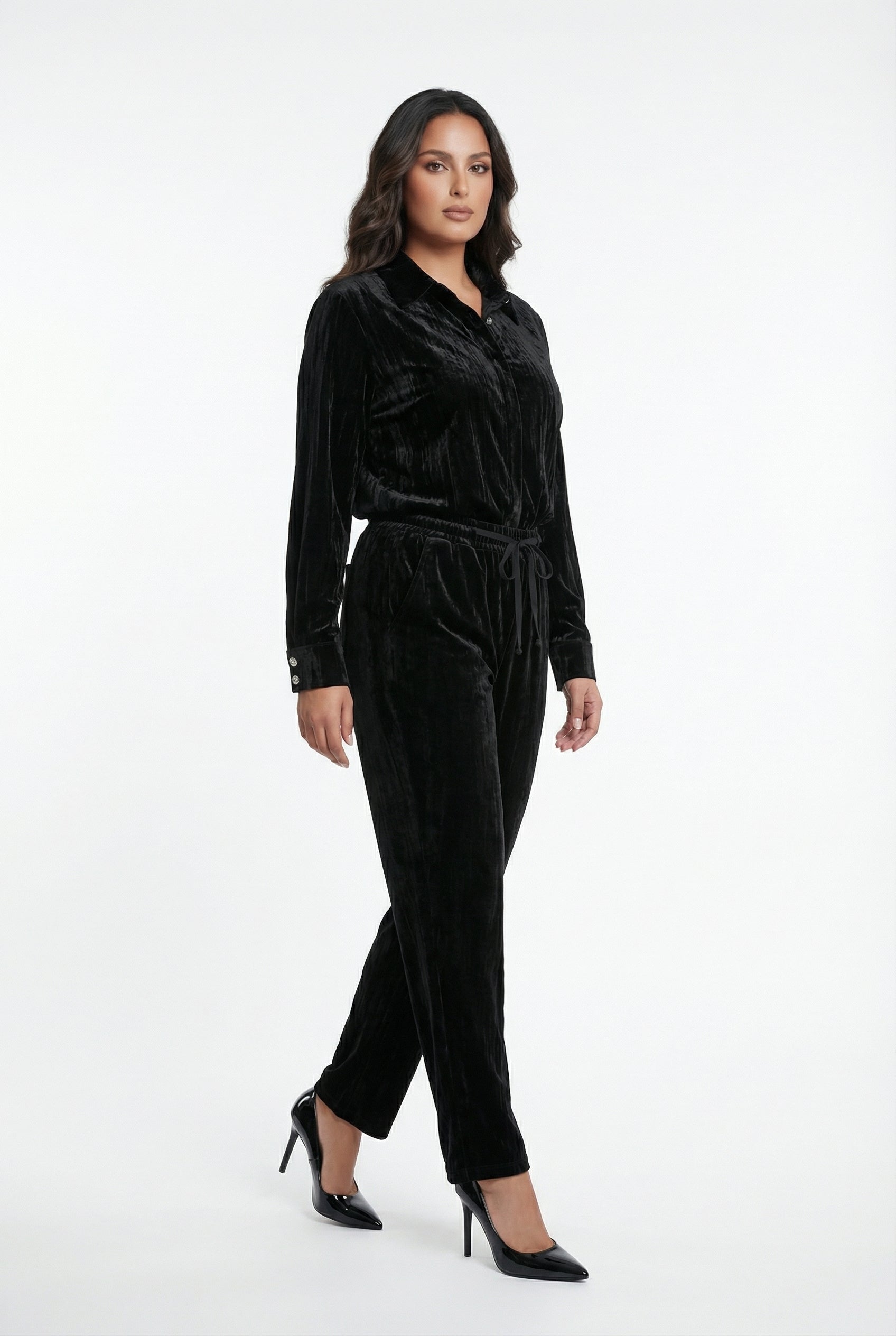 8401.3005 Collared Crushed Velvet Oversized Shirt - Brown Loft