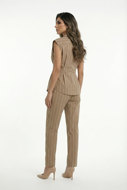 MS2615054/4026 Striped Sleeveless Poplin Top and Pants توب وبنطلون من البوبلين بدون أكمام مخططs - Brown Loft