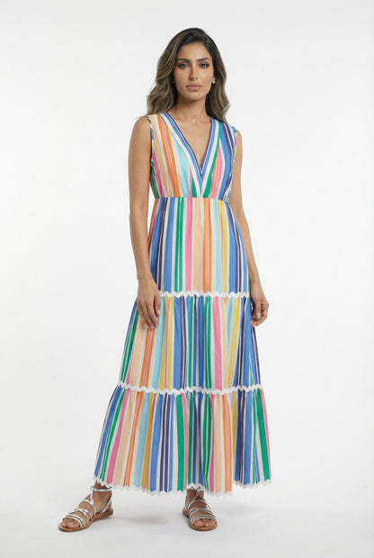 32378 Colorful Striped Sleeveless Long Dress - Brown Loft