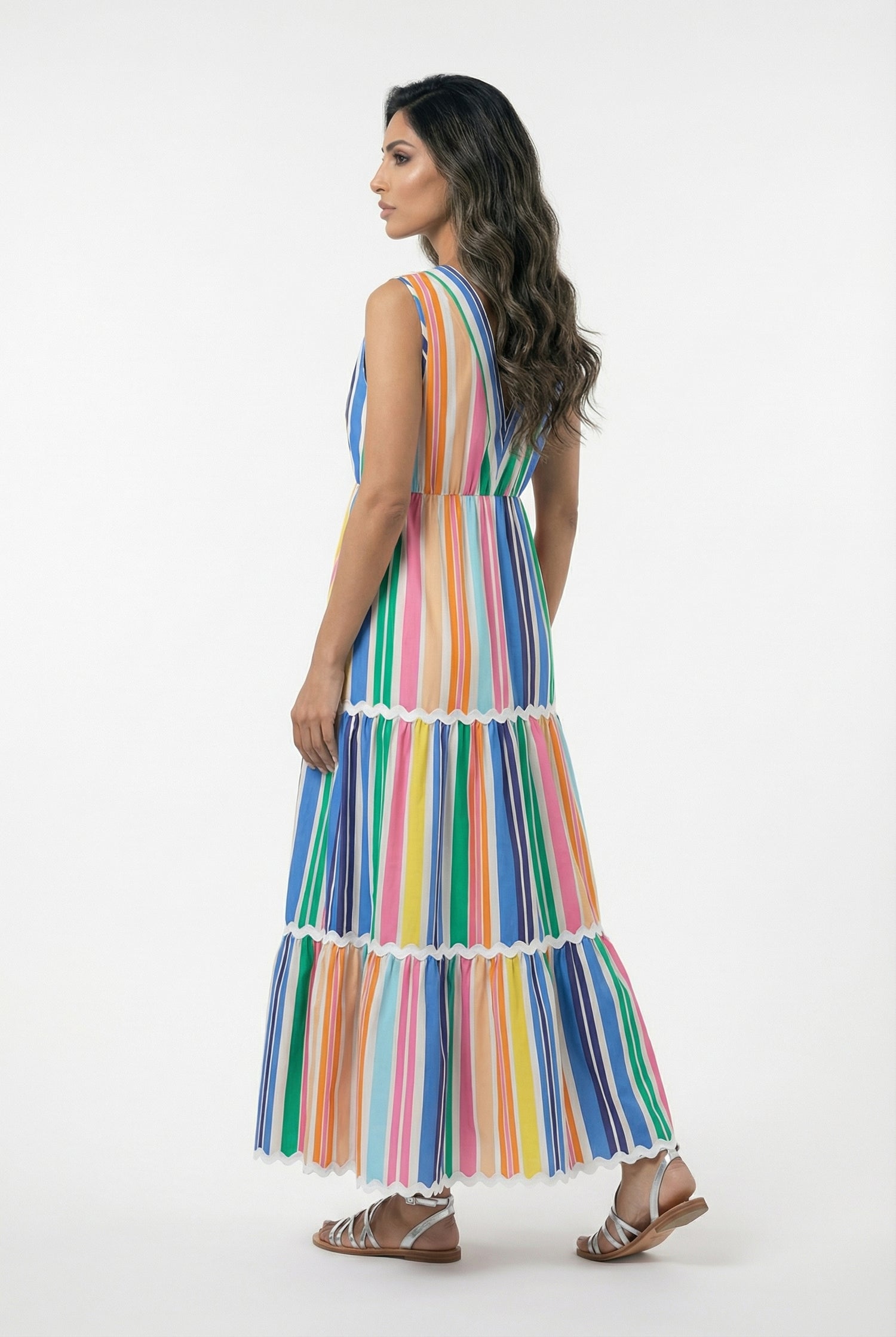 32378 Colorful Striped Sleeveless Long Dress - Brown Loft