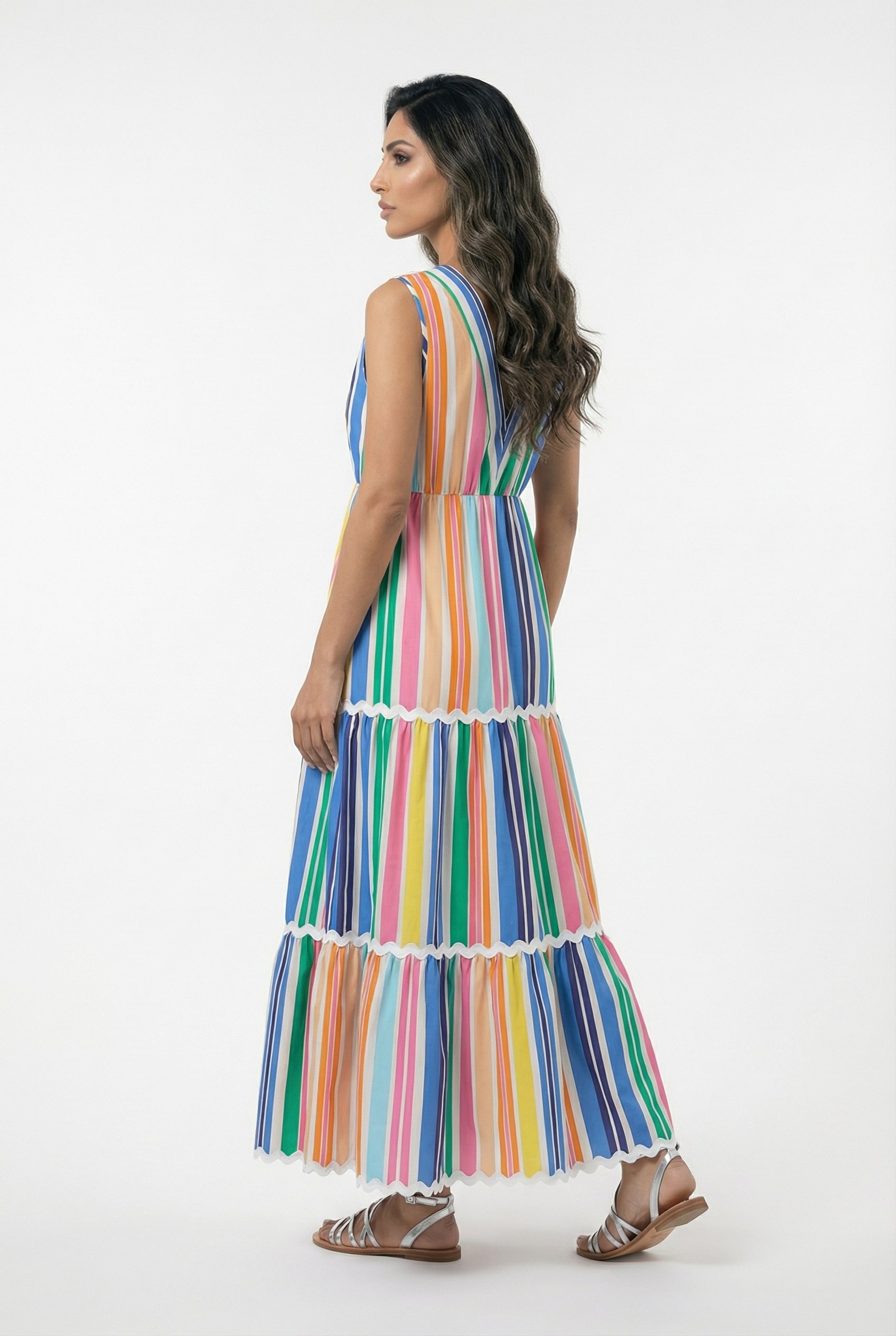 32378 Colorful Striped Sleeveless Long Dress - Brown Loft