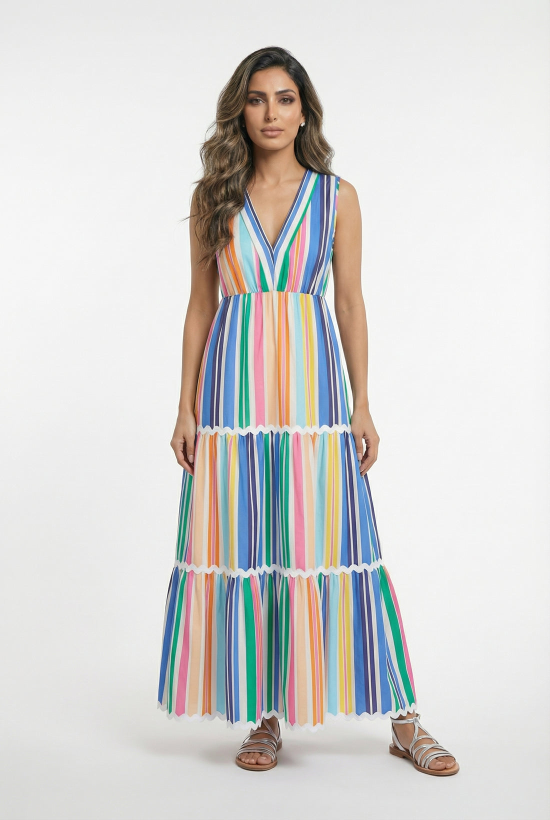 32378 Colorful Striped Sleeveless Long Dress - Brown Loft