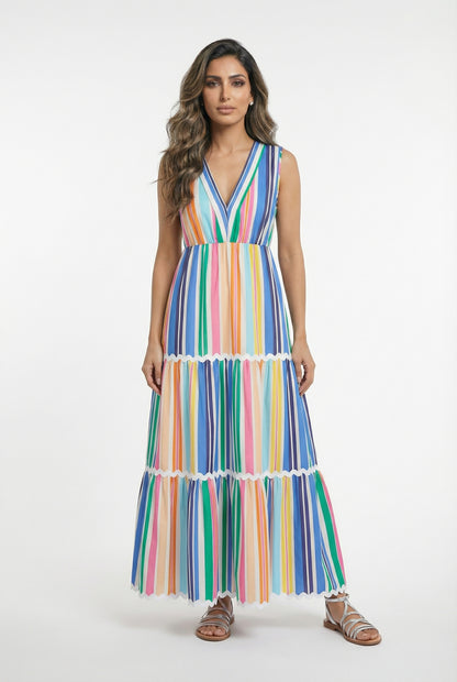 32378 Colorful Striped Sleeveless Long Dress - Brown Loft