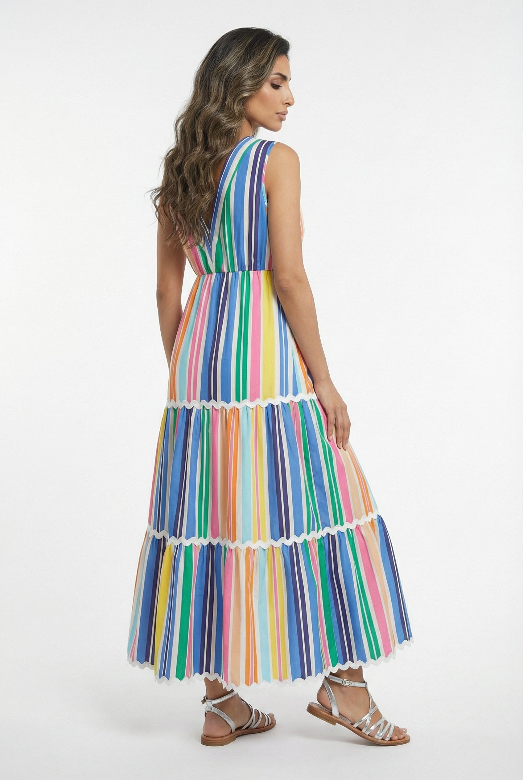 32378 Colorful Striped Sleeveless Long Dress - Brown Loft