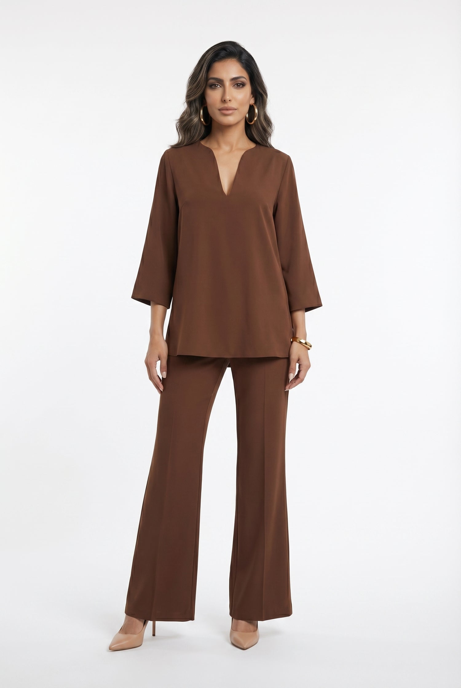 54-2072/5038 Long Top and Flare Pants - Brown Loft