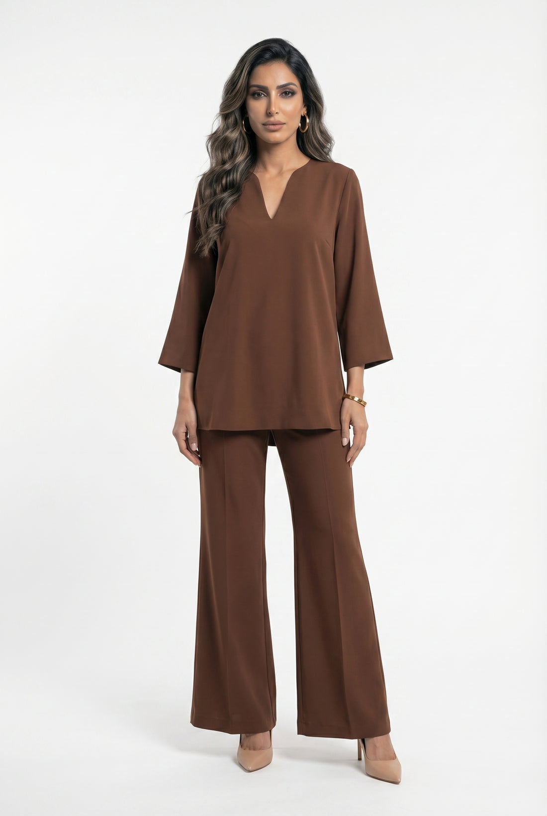 54-2072/5038 Long Top and Flare Pants - Brown Loft