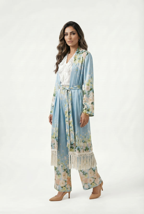 Dulce Kimono Satin Belted Long Kimono كيمونو طويل بحزام من الساتان