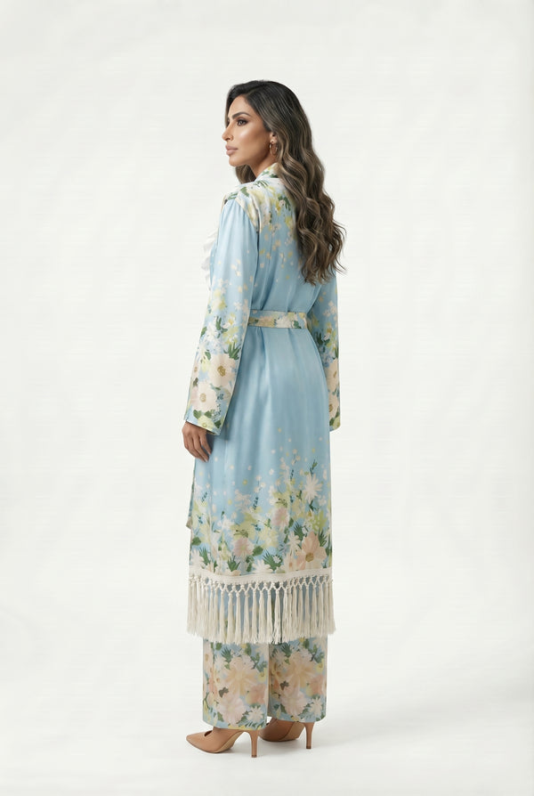 Dulce Kimono Satin Belted Long Kimono كيمونو طويل بحزام من الساتان