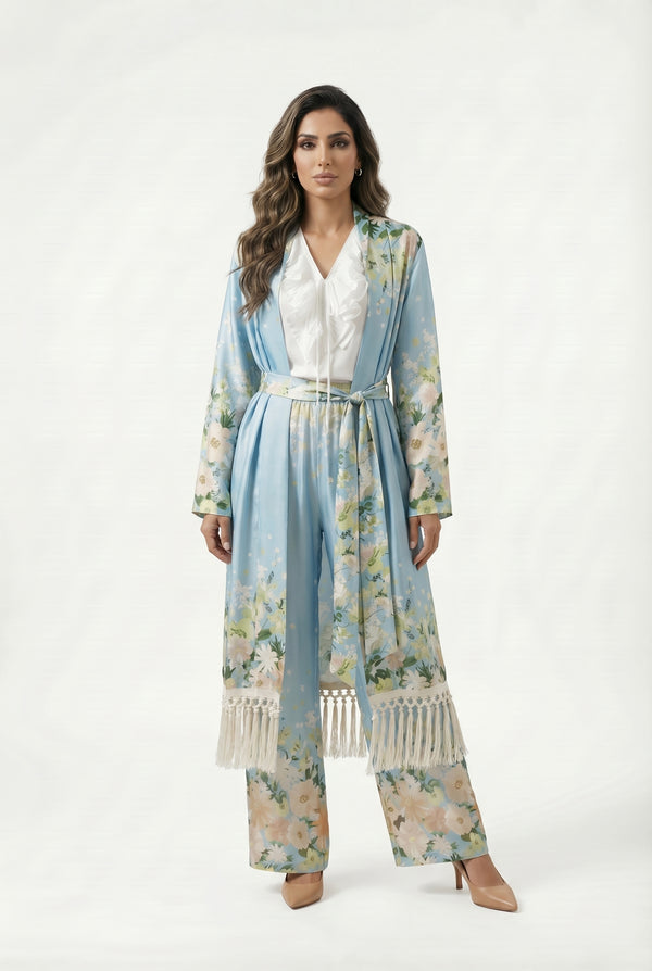 Dulce Kimono Satin Belted Long Kimono كيمونو طويل بحزام من الساتان