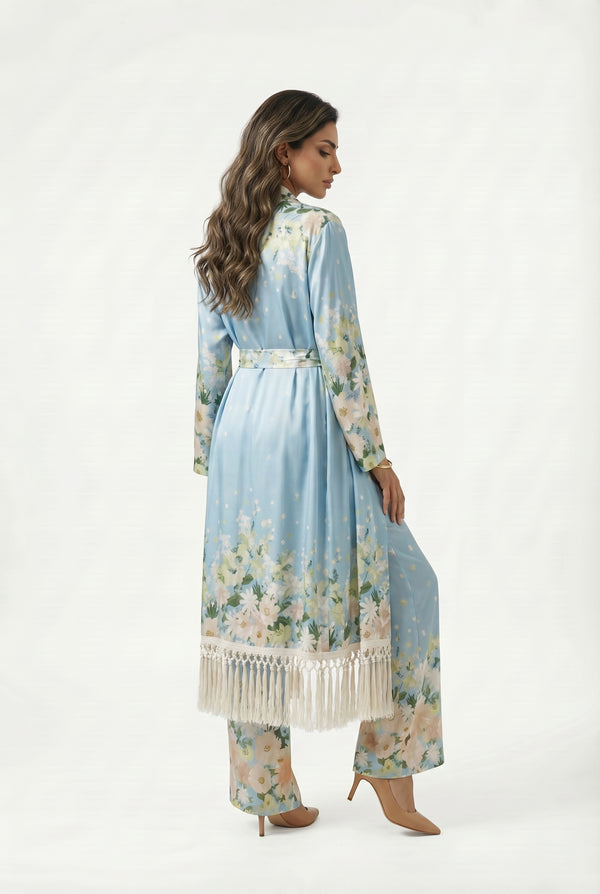Dulce Kimono Satin Belted Long Kimono كيمونو طويل بحزام من الساتان