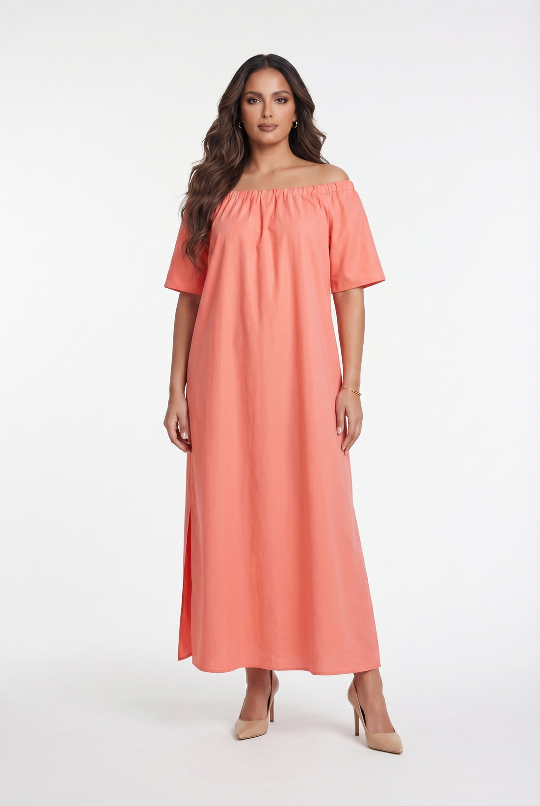 8301.7073 Off Shoulder A Line Long Dress - Brown Loft