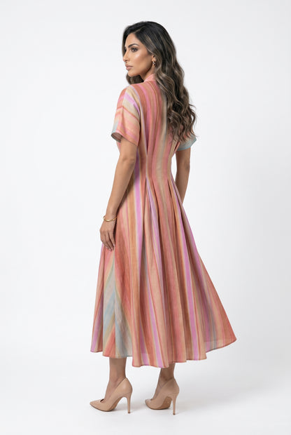 6218140  Multicolor Linen Blend Long Dress فستان طويل متعدد الألوان من مزيج الكتان - Brown Loft