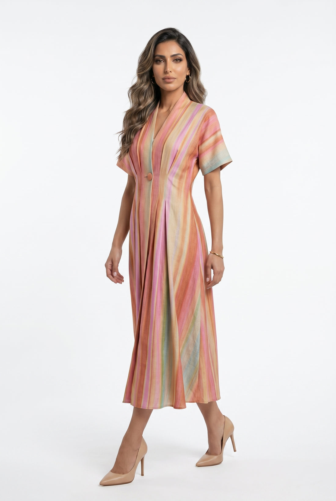 6218140  Multicolor Linen Blend Long Dress فستان طويل متعدد الألوان من مزيج الكتان - Brown Loft