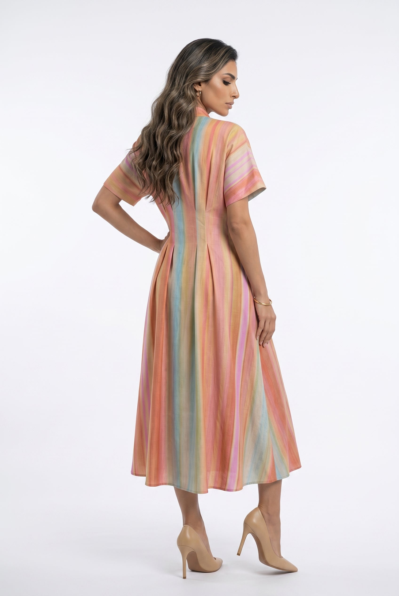 6218140  Multicolor Linen Blend Long Dress فستان طويل متعدد الألوان من مزيج الكتان - Brown Loft