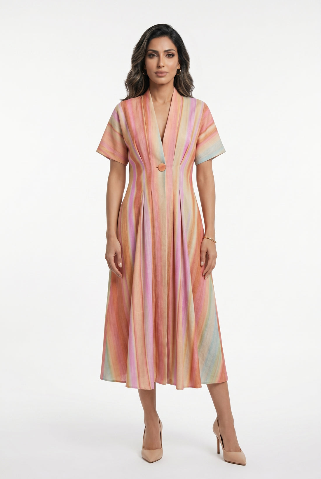 6218140  Multicolor Linen Blend Long Dress فستان طويل متعدد الألوان من مزيج الكتان - Brown Loft
