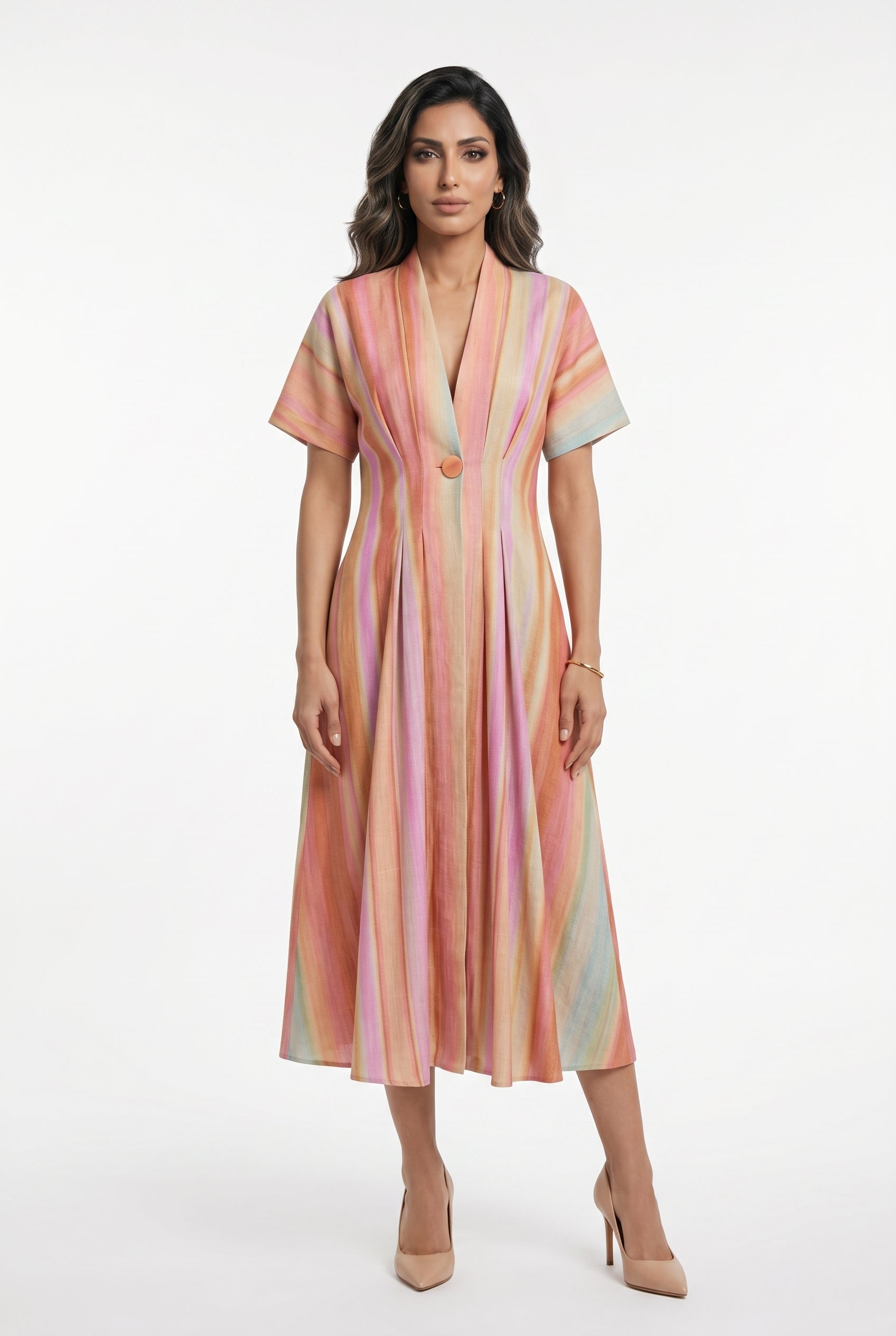 6218140  Multicolor Linen Blend Long Dress فستان طويل متعدد الألوان من مزيج الكتان - Brown Loft
