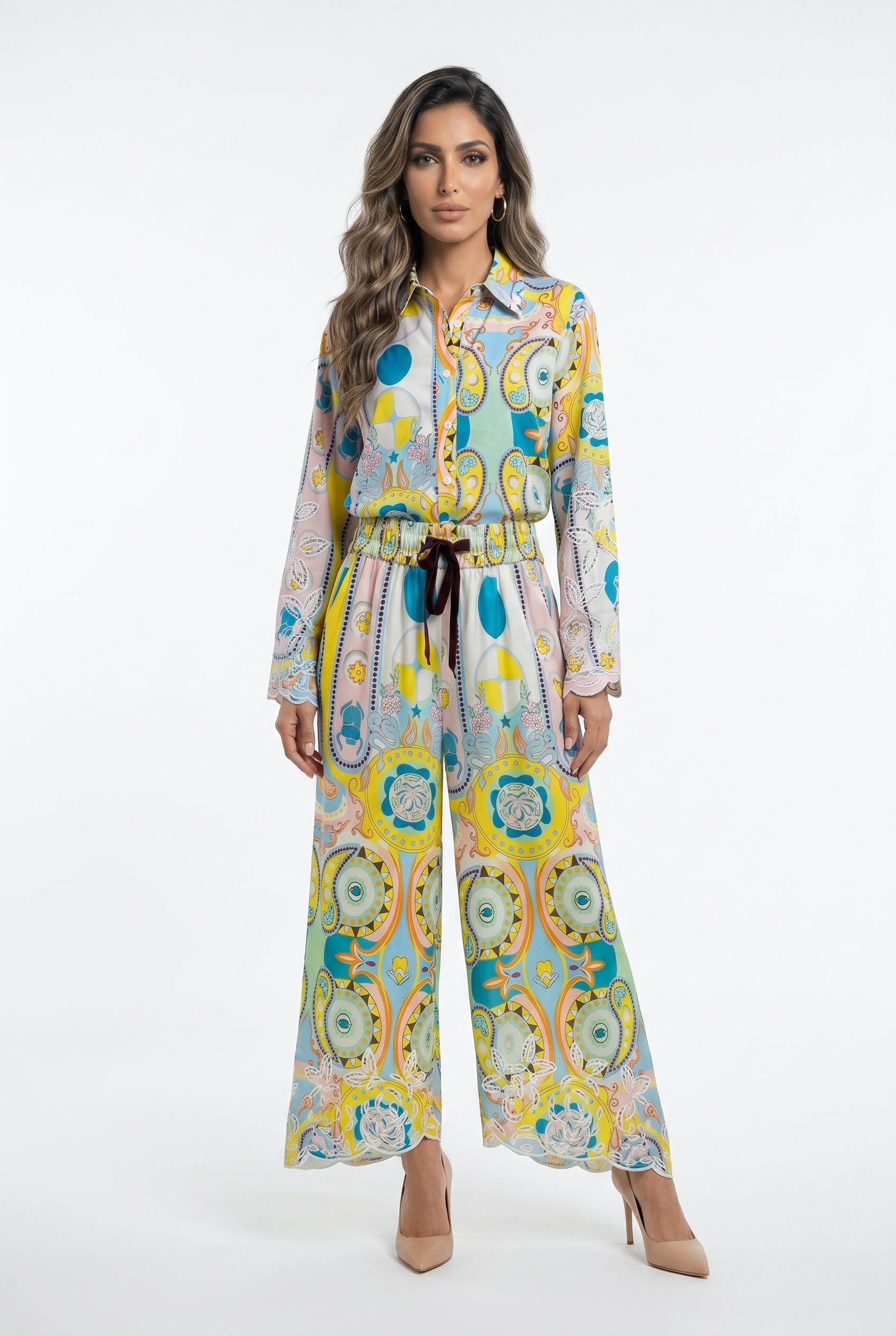 Ava and Nax Paisley Patterned Cotton Shirt and Pants قميص وبنطال من القطن بنقشة بيزلي - Brown Loft