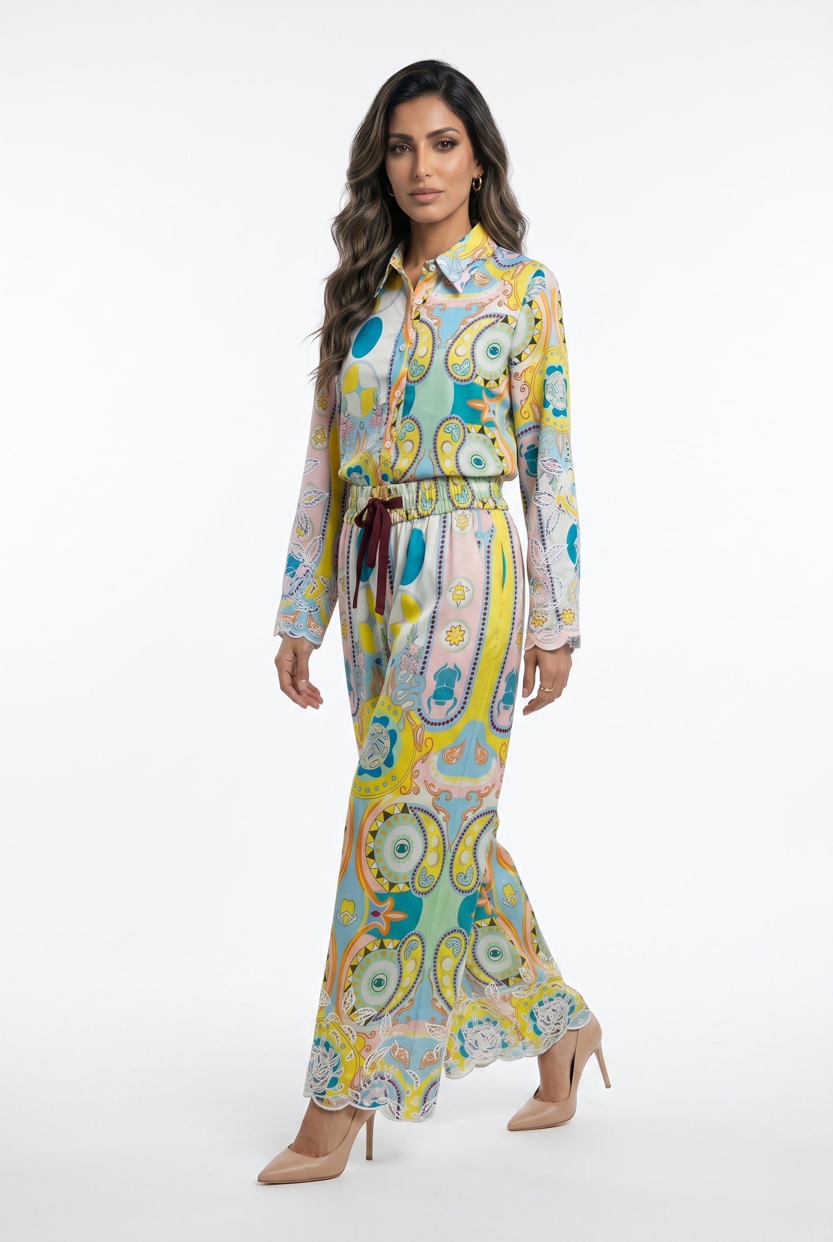 Ava and Nax Paisley Patterned Cotton Shirt and Pants قميص وبنطال من القطن بنقشة بيزلي - Brown Loft