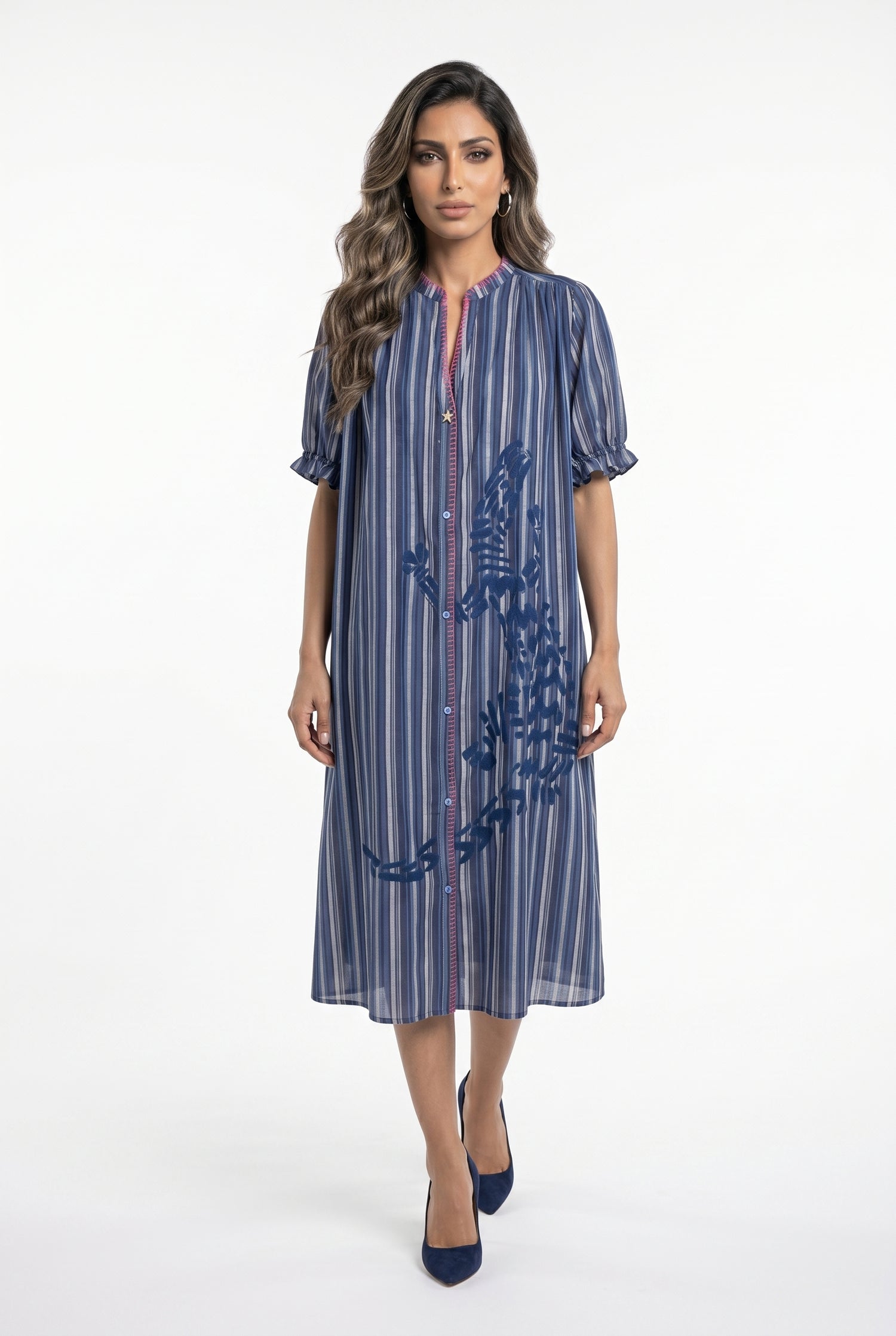 Mae Rayures Embroidered Stripes Long Dress فستان طويل مخطط مطرز - Brown Loft