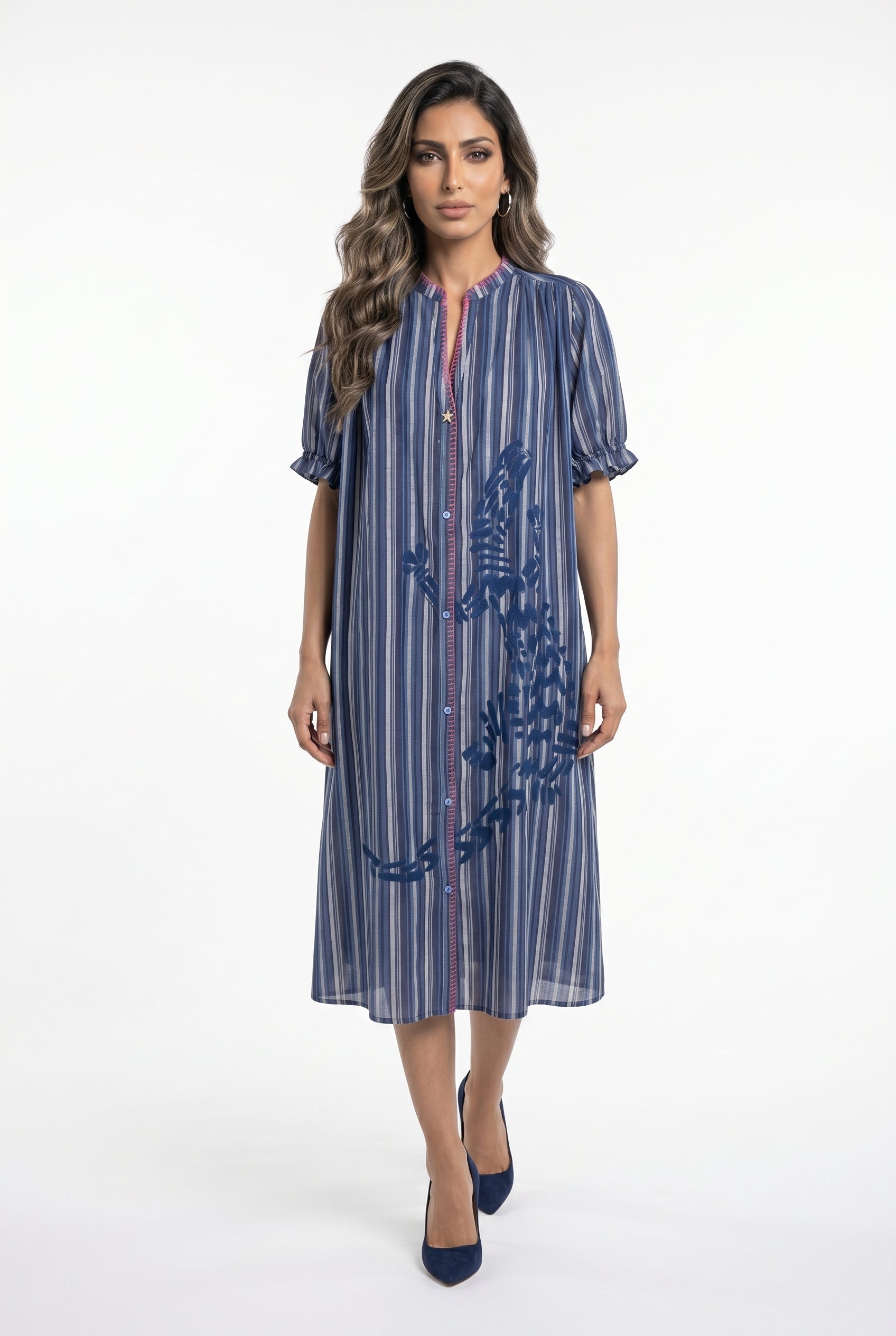 Mae Rayures Embroidered Stripes Long Dress فستان طويل مخطط مطرز - Brown Loft