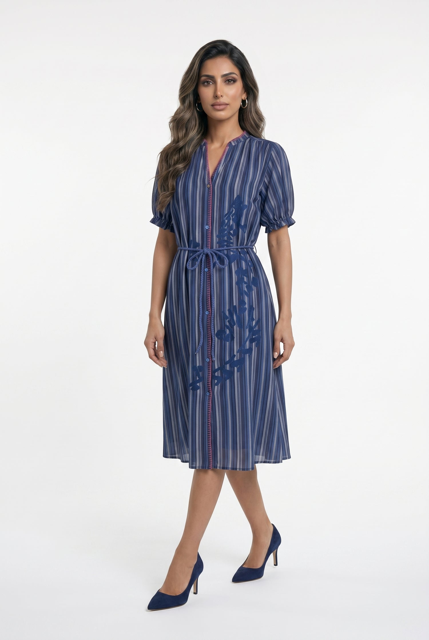 Mae Rayures Embroidered Stripes Long Dress فستان طويل مخطط مطرز - Brown Loft