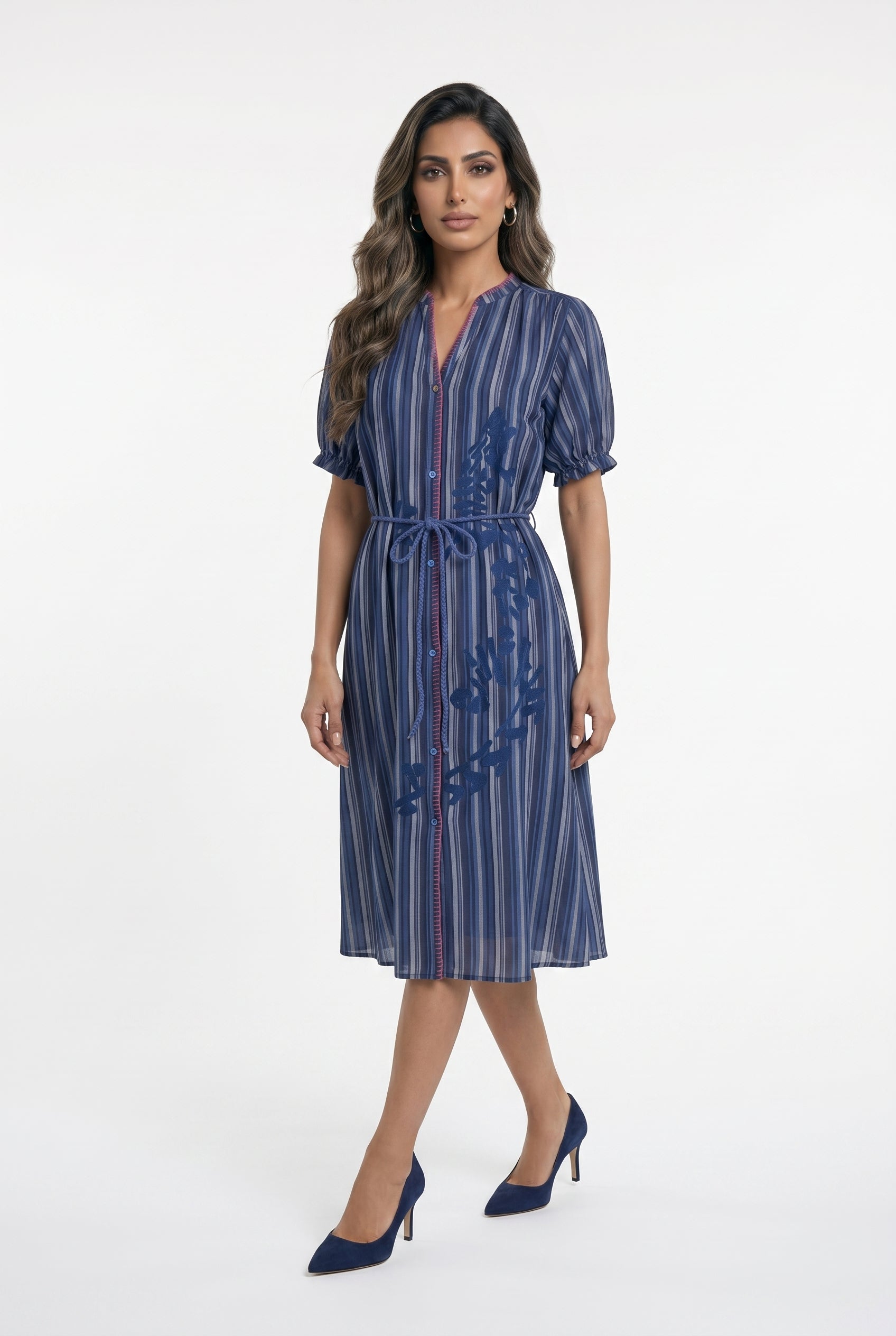 Mae Rayures Embroidered Stripes Long Dress فستان طويل مخطط مطرز - Brown Loft