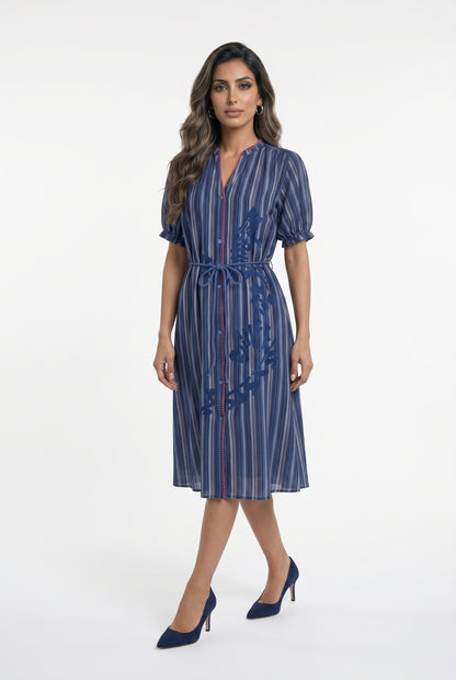 Mae Rayures Embroidered Stripes Long Dress فستان طويل مخطط مطرز - Brown Loft