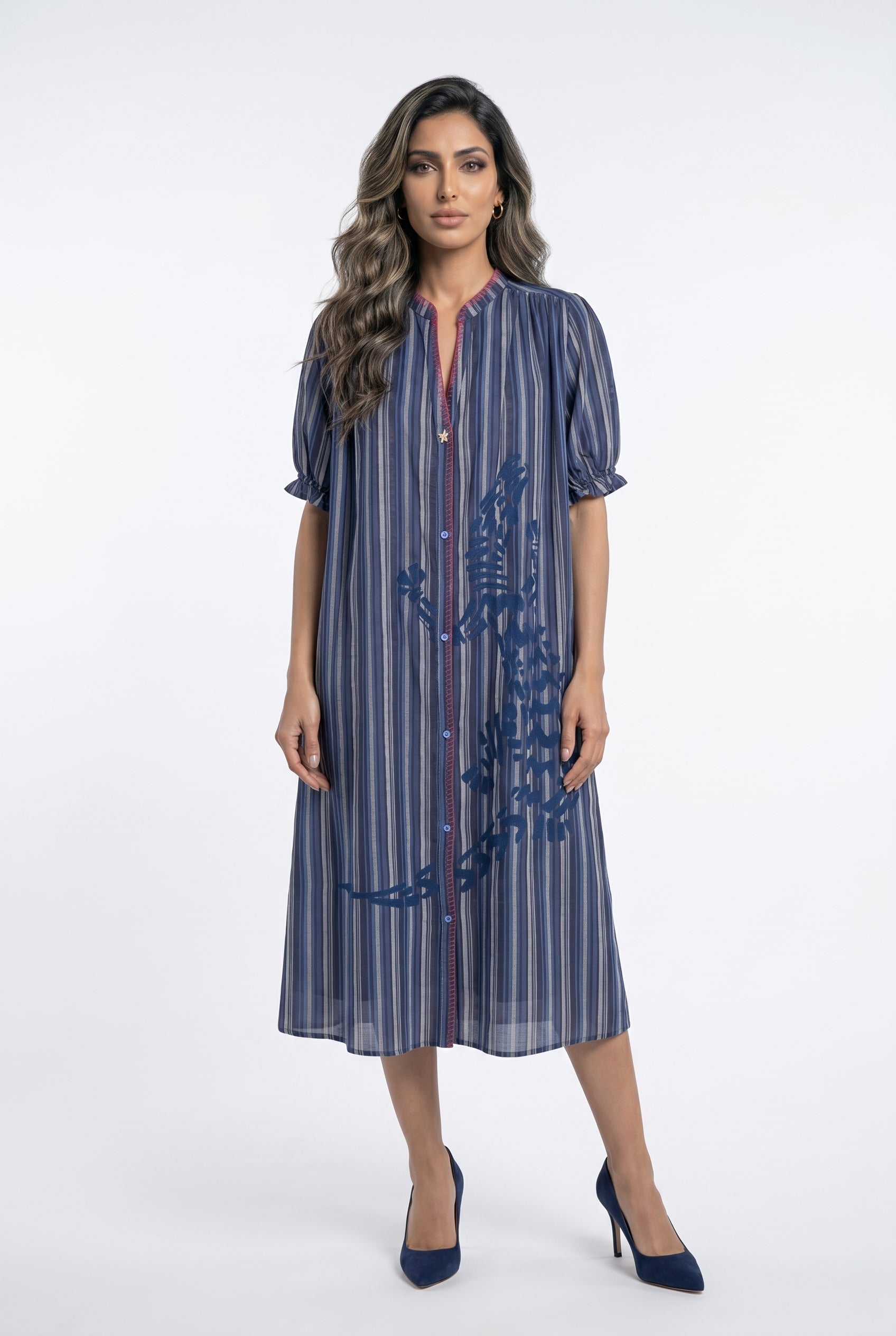 Mae Rayures Embroidered Stripes Long Dress فستان طويل مخطط مطرز - Brown Loft