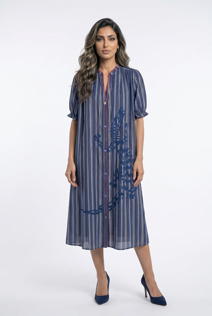 Mae Rayures Embroidered Stripes Long Dress فستان طويل مخطط مطرز - Brown Loft